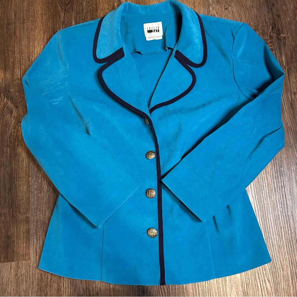 Leslie Fay Blazer Women's size 14 Teal Faux Suede Dark Blue Piping Shoulder Pads